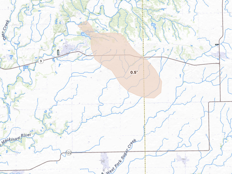Radar-estimated hail-size map of the storm over Mackinaw, IL on Aug 21, 2026