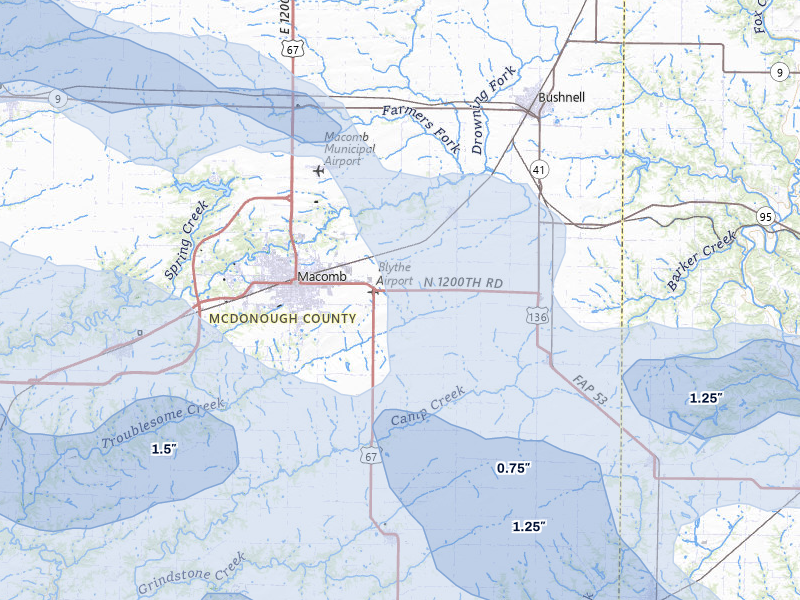 NEXRAD radar-signature map of the hail storm over Macomb, IL on May 4, 2026