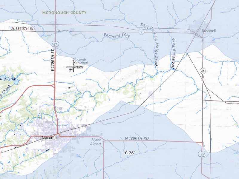 NEXRAD radar-signature map of the hail storm over Macomb, IL on Aug 14, 2026