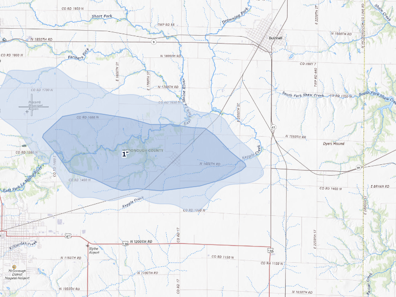 NEXRAD radar-signature map of the hail storm over Macomb, IL on Aug 19, 2026