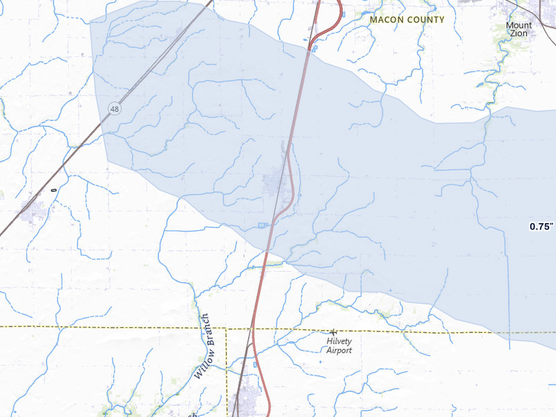 NEXRAD radar-signature map of the hail storm over Macon, IL on Mar 3, 2026