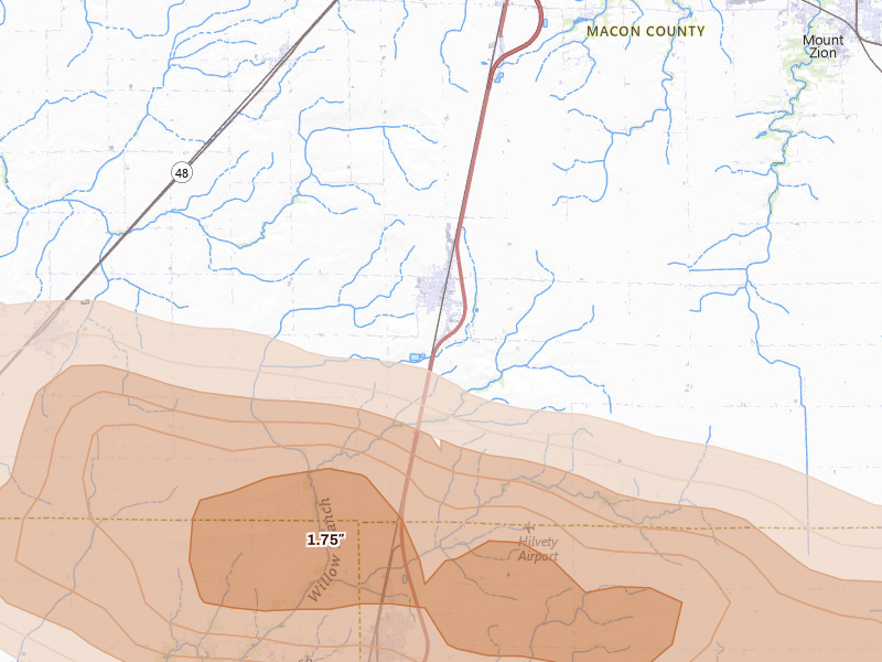 Radar-estimated hail-size map of the storm over Macon, IL on Mar 26, 2026
