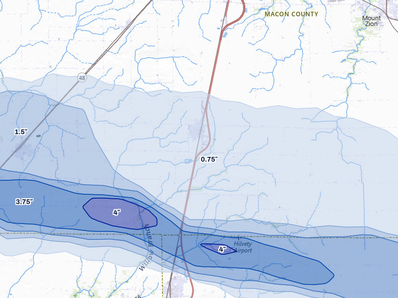 NEXRAD radar-signature map of the hail over Macon, IL
