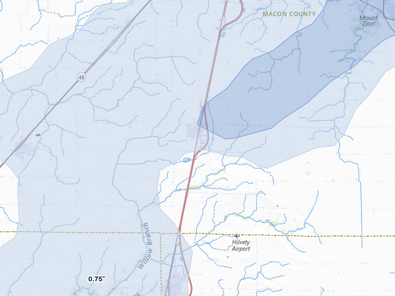 NEXRAD radar-signature map of the hail over Macon, IL