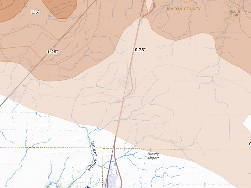 Radar-estimated hail-size map of the storm over Macon, IL on Jun 17, 2026