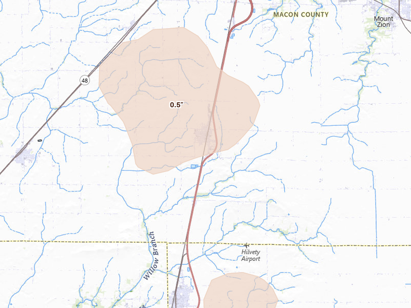 Radar-estimated hail-size map of the storm over Macon, IL on Jul 3, 2026