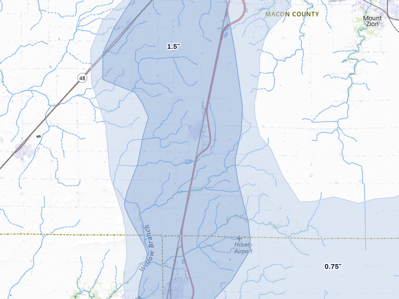 NEXRAD radar-signature map of the hail storm over Macon, IL on Jul 3, 2026