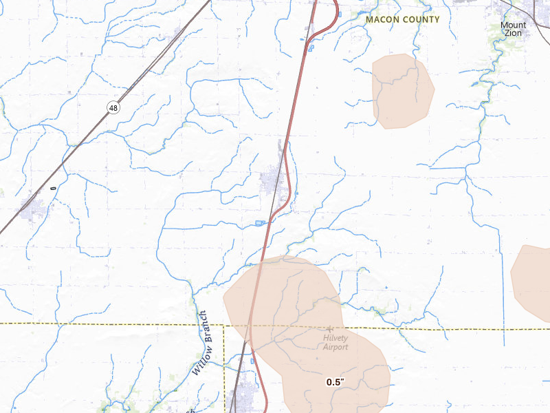 Radar-estimated hail-size map of the storm over Macon, IL on Aug 21, 2026