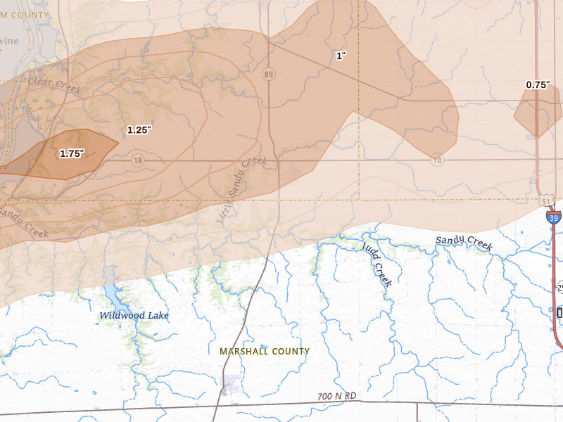 Radar-estimated hail-size map of the storm over Magnolia, IL on Mar 10, 2026