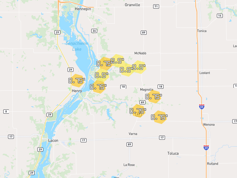 Hail map of Magnolia, IL on Jun 6, 2026, hail up to 0.75"