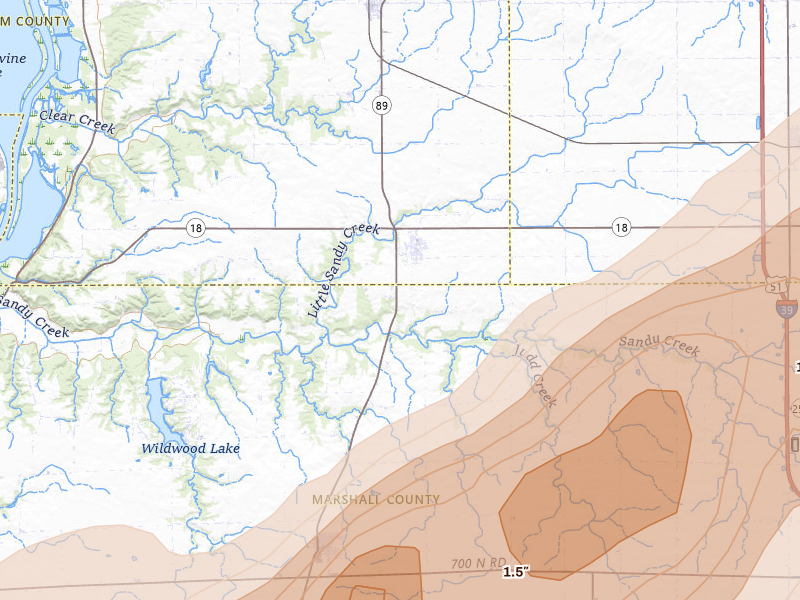 Radar-estimated hail-size map of the storm over Magnolia, IL on Jun 11, 2026