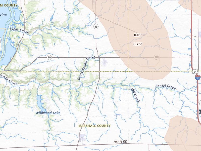 Radar-estimated hail-size map of the storm over Magnolia, IL on Aug 21, 2026