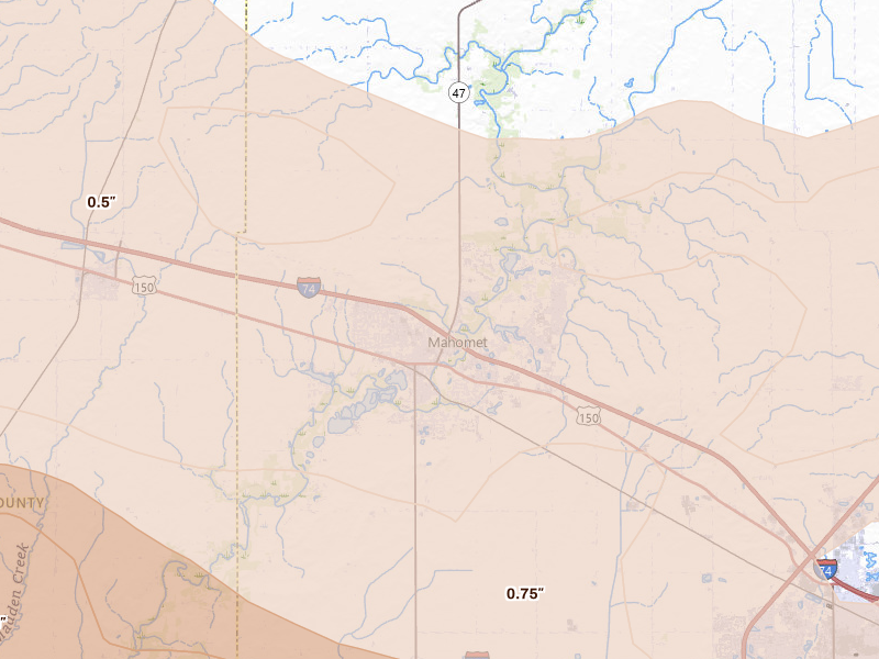 Radar-estimated hail-size map of the storm over Mahomet, IL on Aug 11, 2026