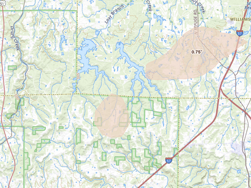Radar-estimated hail-size map of the storm over Makanda, IL on Jul 4, 2026