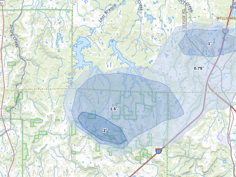 NEXRAD radar-signature map of the hail over Makanda, IL