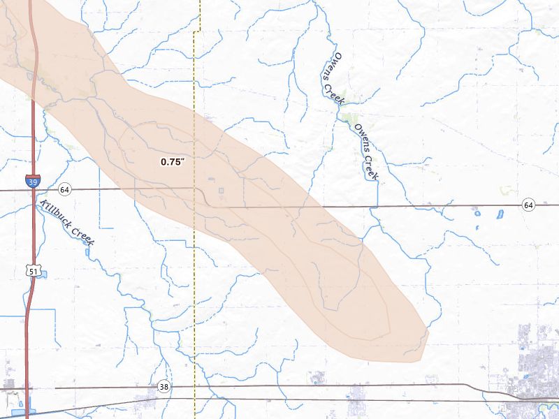 Radar-estimated hail-size map of the storm over Malta, IL on Jun 24, 2026