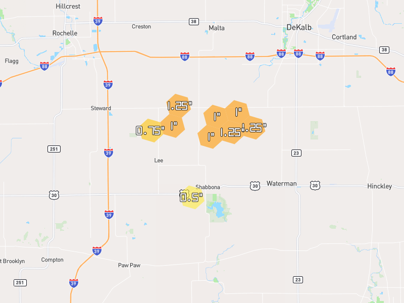 Hail map of Malta, IL on Jul 4, 2026, hail up to 1.25"