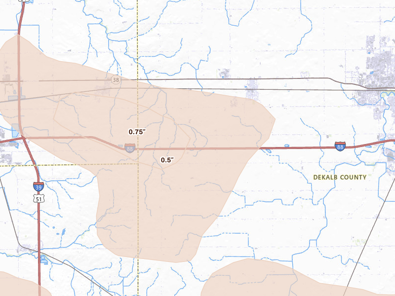 Radar-estimated hail-size map of the storm over Malta, IL on Aug 11, 2026