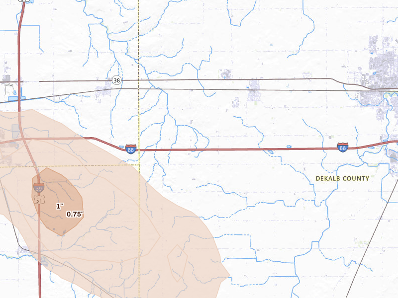Radar-estimated hail-size map of the storm over Malta, IL on Aug 21, 2026