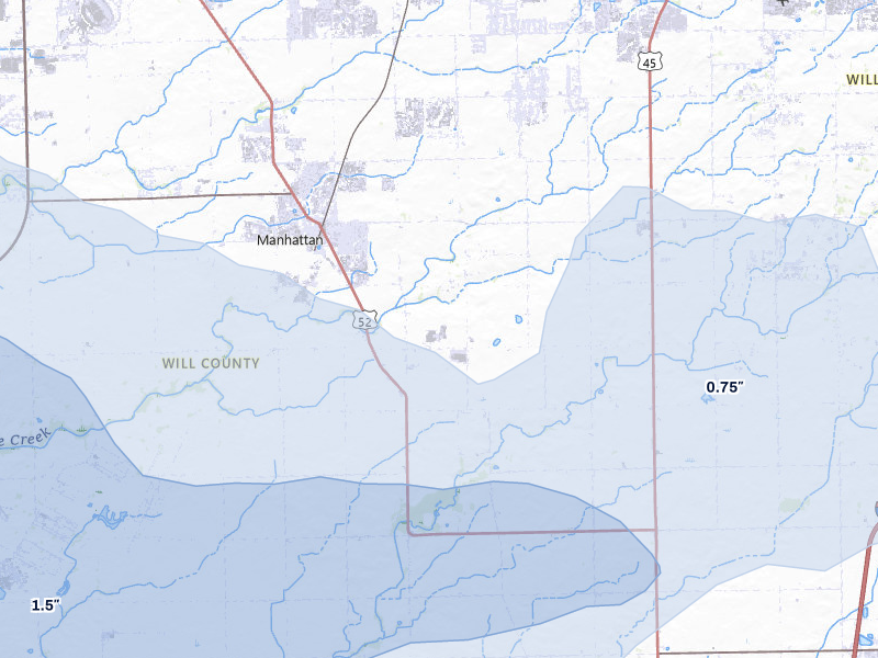 NEXRAD radar-signature map of the hail storm over Manhattan, IL on May 4, 2026
