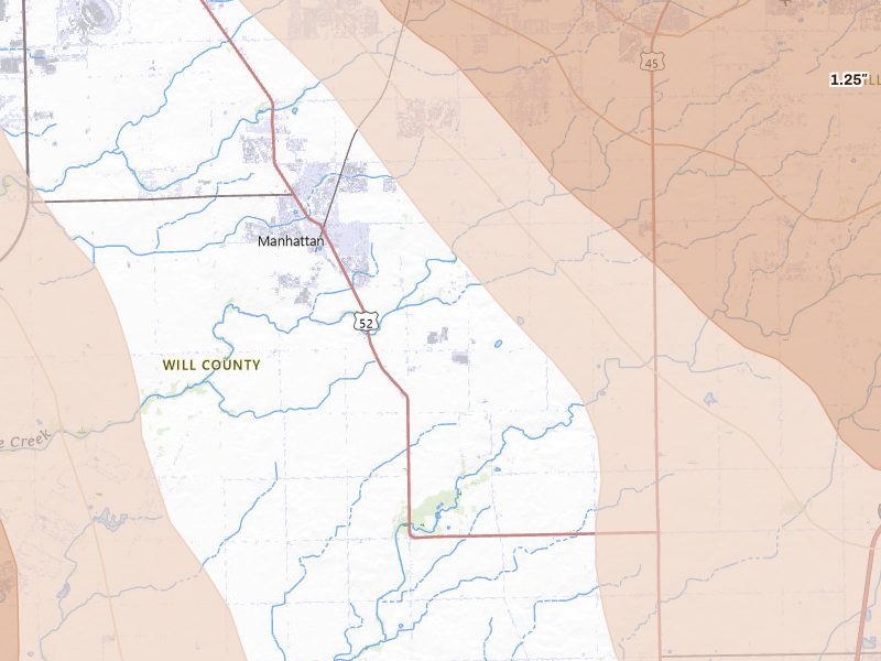 Radar-estimated hail-size map of the storm over Manhattan, IL on Jul 27, 2026