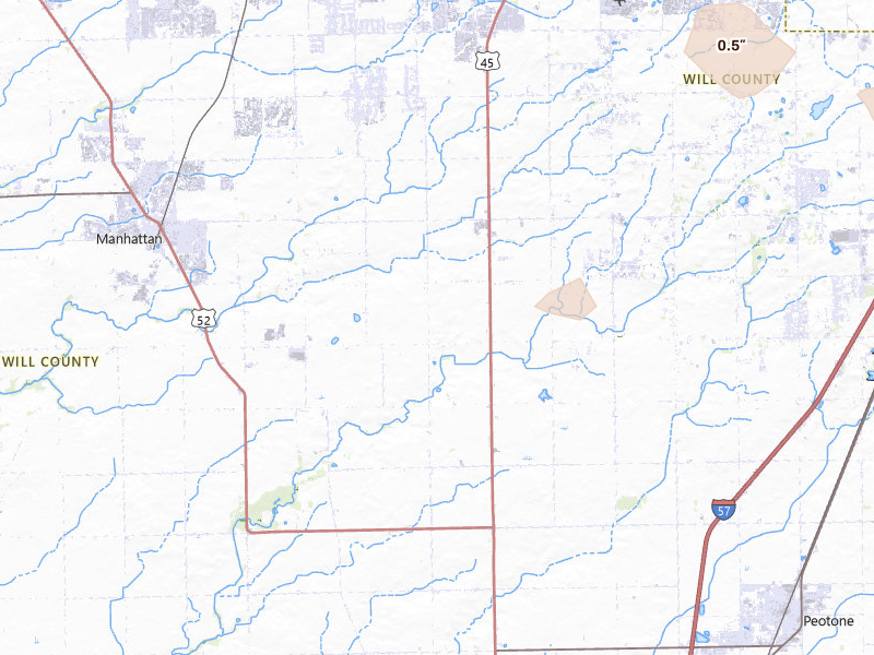 Radar-estimated hail-size map of the storm over Manhattan, IL on Aug 10, 2026
