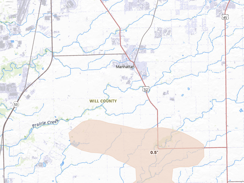 Radar-estimated hail-size map of the storm over Manhattan, IL on Aug 12, 2026