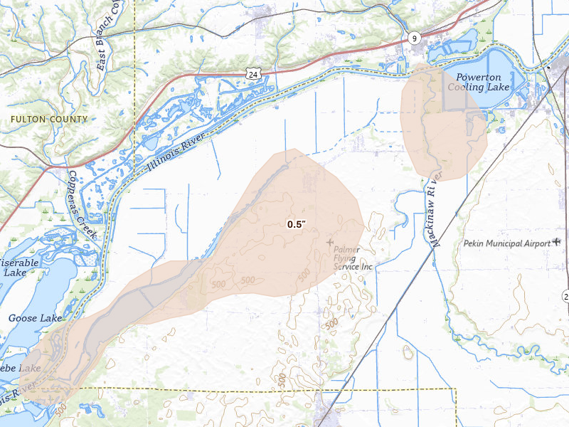Radar-estimated hail-size map of the storm over Manito, IL on Apr 2, 2026