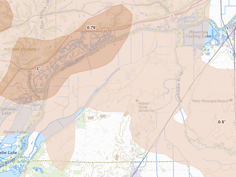 Radar-estimated hail-size map of the storm over Manito, IL on Jun 11, 2026