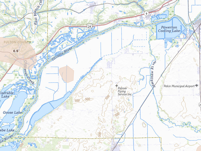 Radar-estimated hail-size map of the storm over Manito, IL on Aug 13, 2026