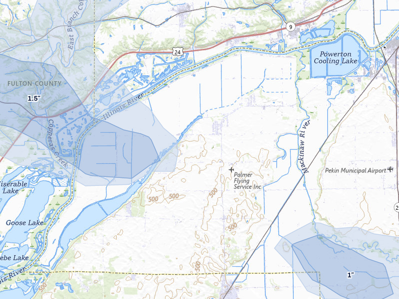 NEXRAD radar-signature map of the hail storm over Manito, IL on Aug 13, 2026