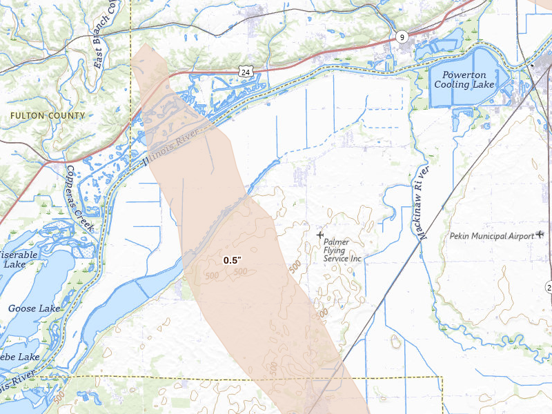 Radar-estimated hail-size map of the storm over Manito, IL on Aug 21, 2026