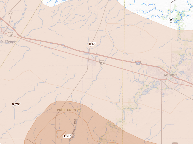 Radar-estimated hail-size map of the storm over Mansfield, IL on Aug 11, 2026