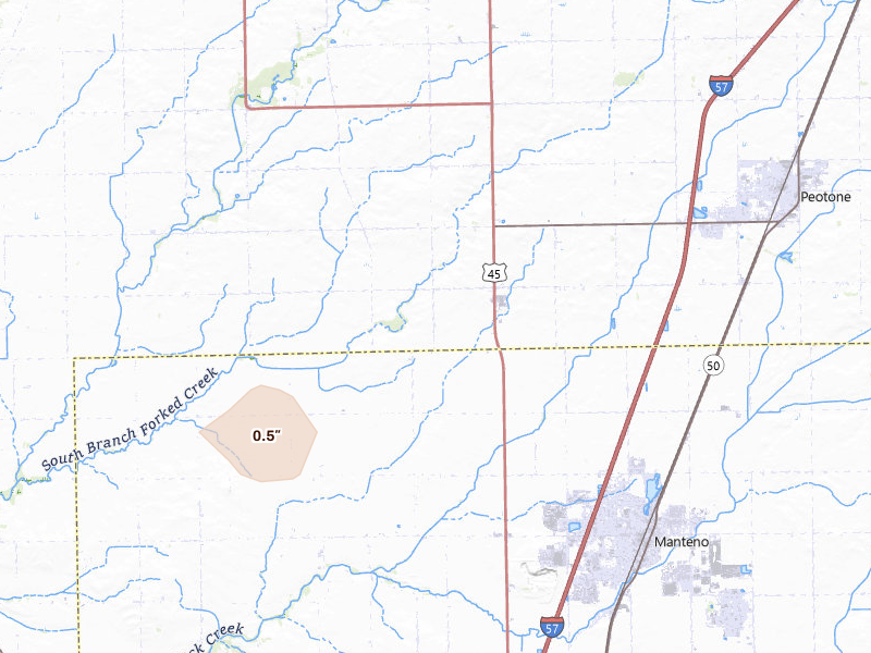 Radar-estimated hail-size map of the storm over Manteno, IL on Jun 5, 2026