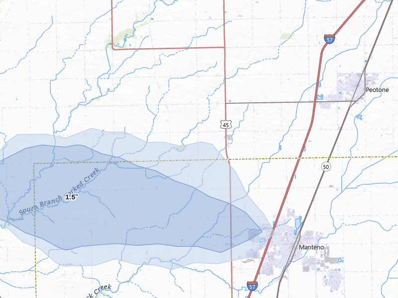 NEXRAD radar-signature map of the hail storm over Manteno, IL on Jun 5, 2026