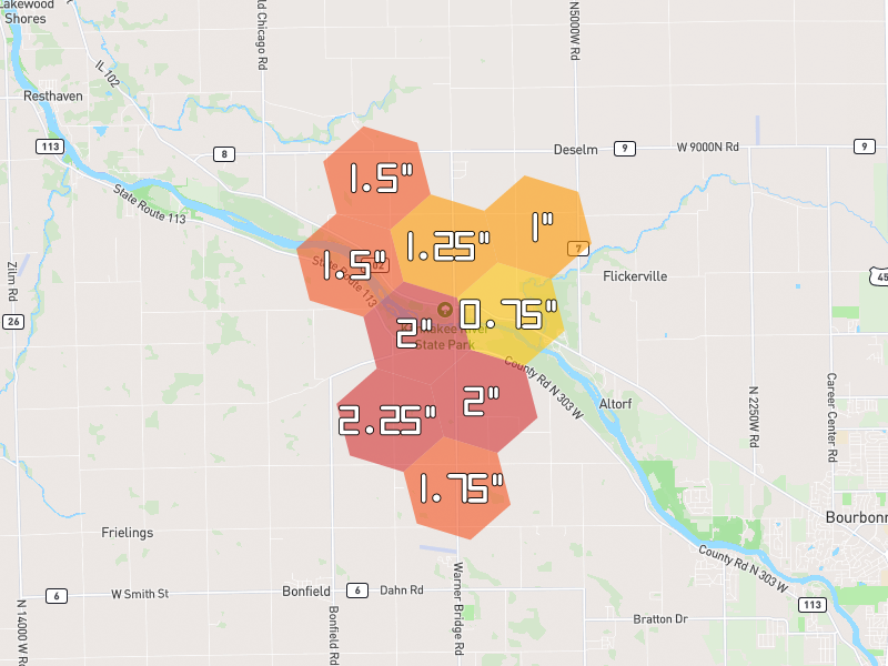 Hail map of Manteno, IL on Jun 7, 2026, hail up to 2.25"