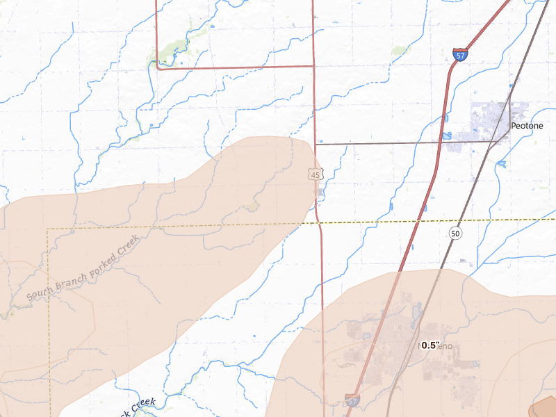 Radar-estimated hail-size map of the storm over Manteno, IL on Jun 11, 2026