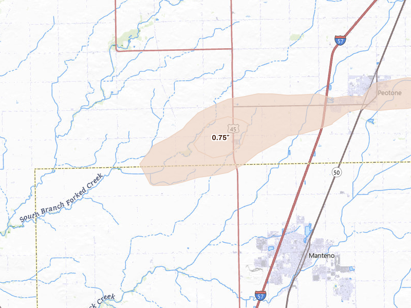 Radar-estimated hail-size map of the storm over Manteno, IL on Jul 3, 2026
