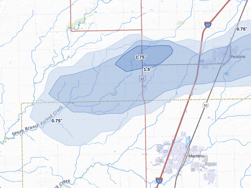 NEXRAD radar-signature map of the hail storm over Manteno, IL on Jul 3, 2026