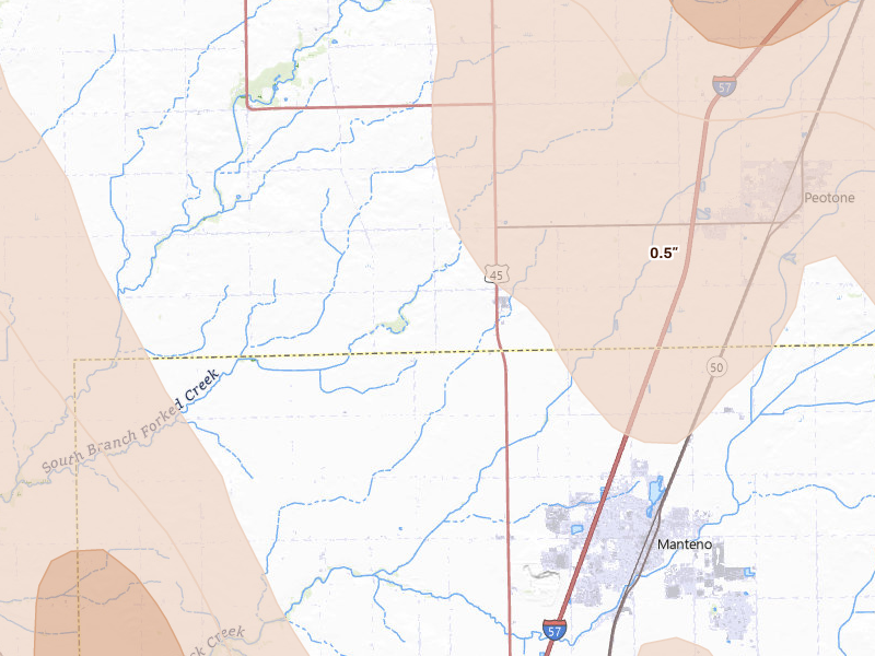 Radar-estimated hail-size map of the storm over Manteno, IL on Jul 27, 2026