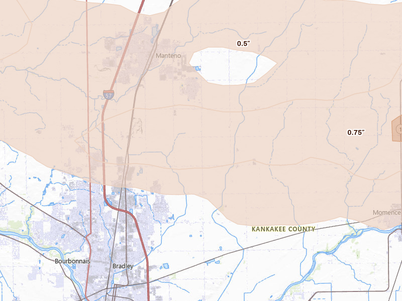 Radar-estimated hail-size map of the storm over Manteno, IL on Aug 11, 2026