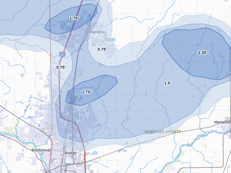 NEXRAD radar-signature map of the hail storm over Manteno, IL on Aug 11, 2026