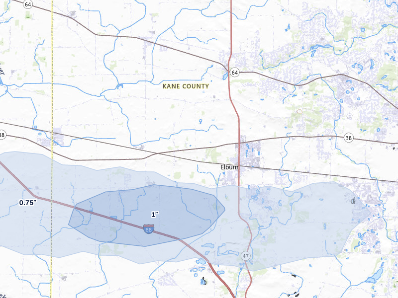 NEXRAD radar-signature map of the hail over Maple Park, IL