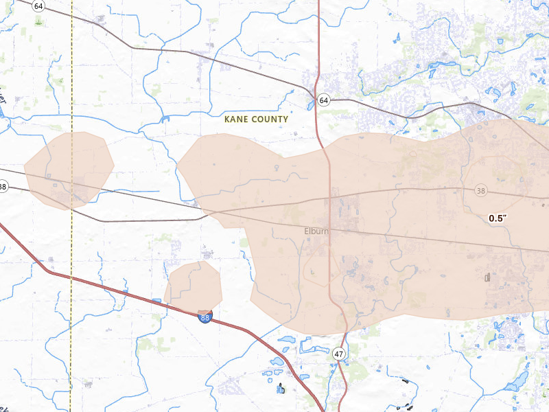 Radar-estimated hail-size map of the storm over Maple Park, IL on Mar 30, 2026