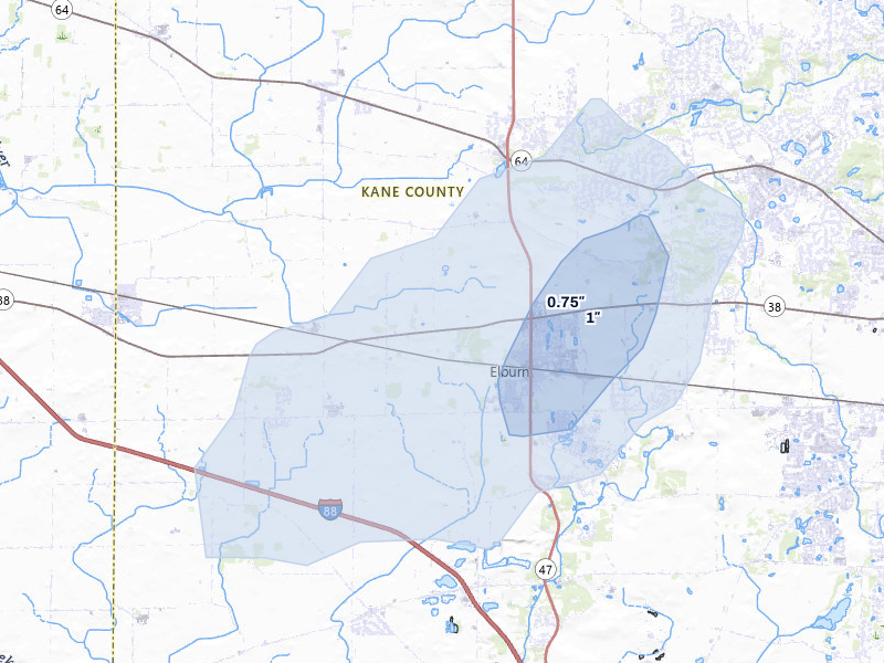 NEXRAD radar-signature map of the hail over Maple Park, IL