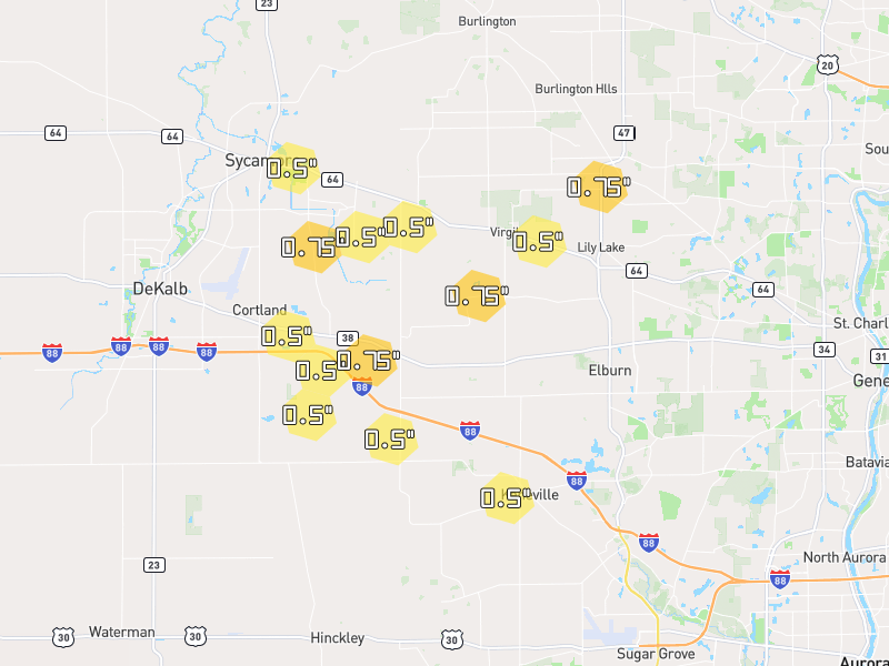 Hail map of Maple Park, IL on Jul 3, 2026, hail up to 0.75"