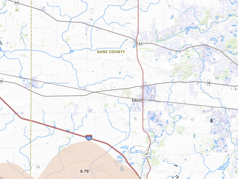 Radar-estimated hail-size map of the storm over Maple Park, IL on Jul 4, 2026
