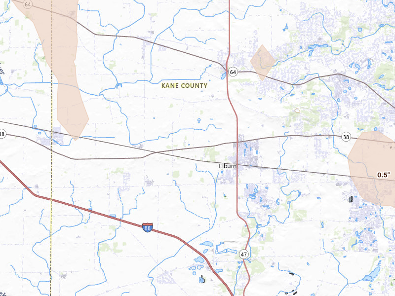 Radar-estimated hail-size map of the storm over Maple Park, IL on Jul 27, 2026