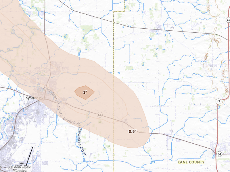 Radar-estimated hail-size map of the storm over Maple Park, IL on Aug 21, 2026