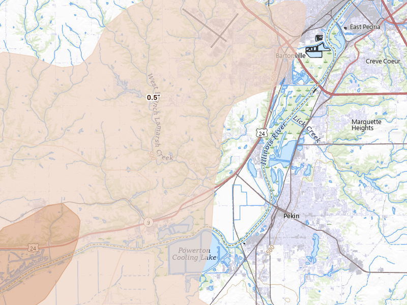 Radar-estimated hail-size map of the storm over Mapleton, IL on Jun 11, 2026